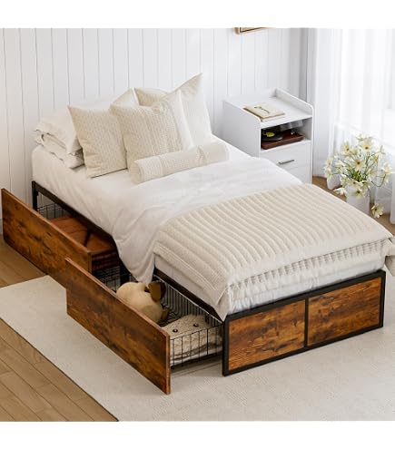 GAZHOME Twin Bed Frame with 2 XL Storage Drawers, Metal Platform
